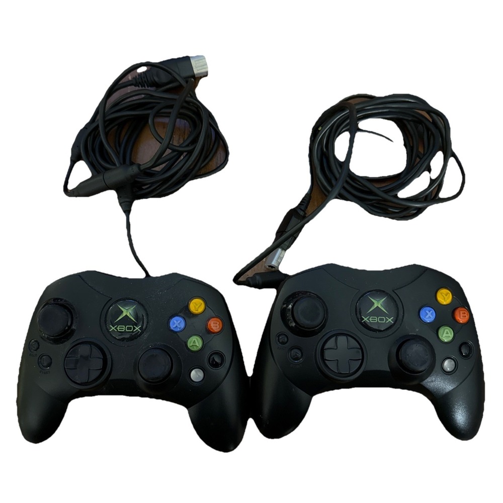 Original Xbox OEM S Type Black Controller w/ Breakaway Cable Lot Of 2 Untested